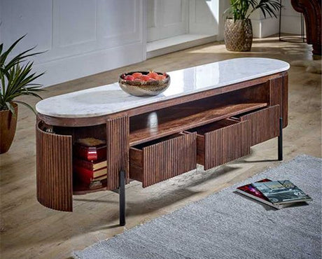 Opal Mango Wood Large TV Stand With Marble Top & Metal Legs