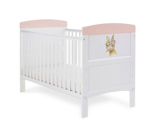 Grace Inspire Cot Bed + Fibre Mattress - Water Colour Rabbit Pink
