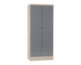 NEVADA 2 DOOR 1 DRAWER WARDROBE BEDROOM SET - GREY GLOSS/LIGHT OAK EFFECT VENEER