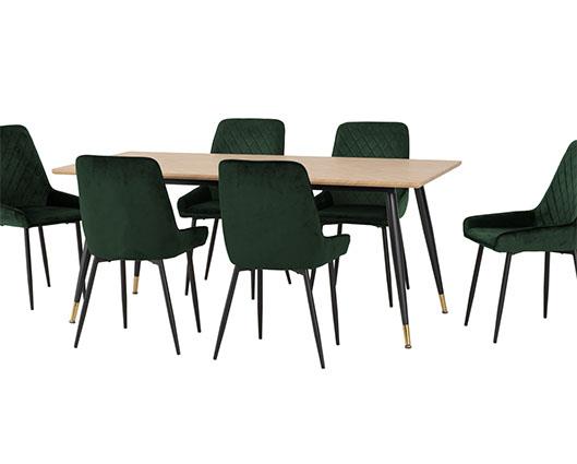 HAMILTON & AVERY LARGE DINING SET (X6 CHAIRS) - MEDIUM OAK EFFECT/EMERALD GREEN VELVET