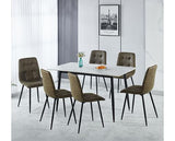 FENTON DINING SET (X6 CHAIRS) - WHITE/OLIVE GREEN SUEDE FABRIC