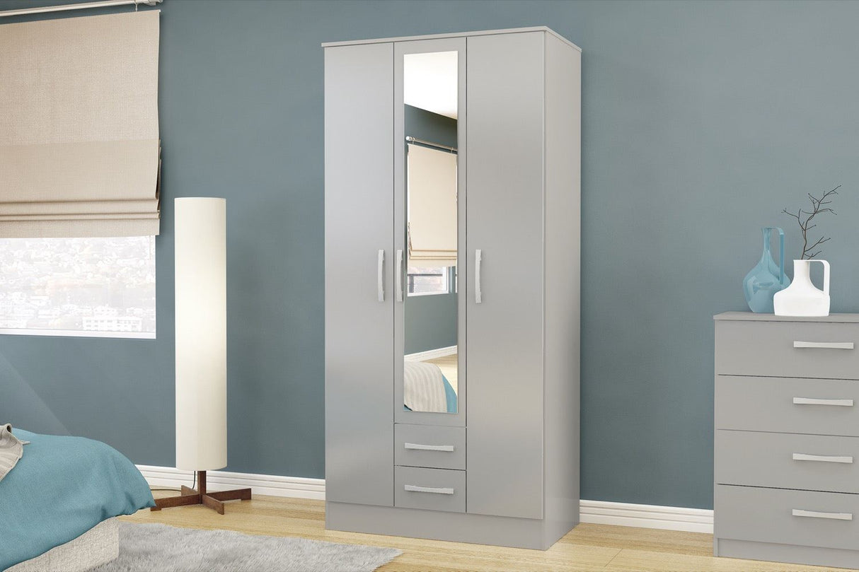 Larz 3 Door 2 Drawer Wardrobe With Mirror-Grey