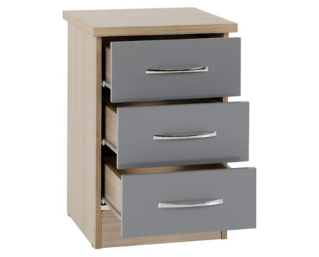 Neptune 3 Drawer Bedside Chest - Grey Gloss/Light Oak Effect Veneer