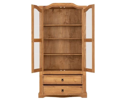 Corona 2 Door 2 Drawer Glass Display Unit - Distressed Waxed Pine/Clear Glass