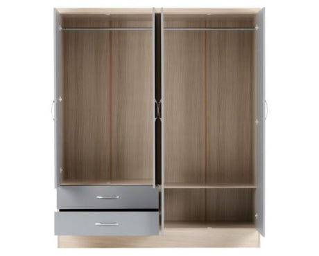 Neptune 4 Door 2 Drawer Mirrored Wardrobe - Grey Gloss/Light Oak Effect Veneer