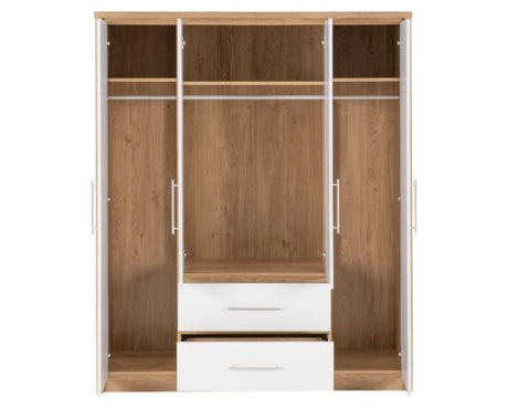 Santos 4 Door 2 Drawer Wardrobe - White High Gloss/Light Oak Effect Veneer