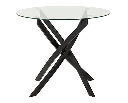 SHELDON ROUND GLASS TOP DINING SET (X4 CHAIRS) - CLEAR GLASS/NAVY BLUE VELVET FABRIC