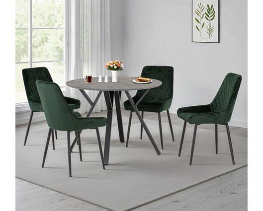 ATHENS ROUND & AVERY DINING SET (X4 CHAIRS) - CONCRETE/EMERALD GREEN VELVET