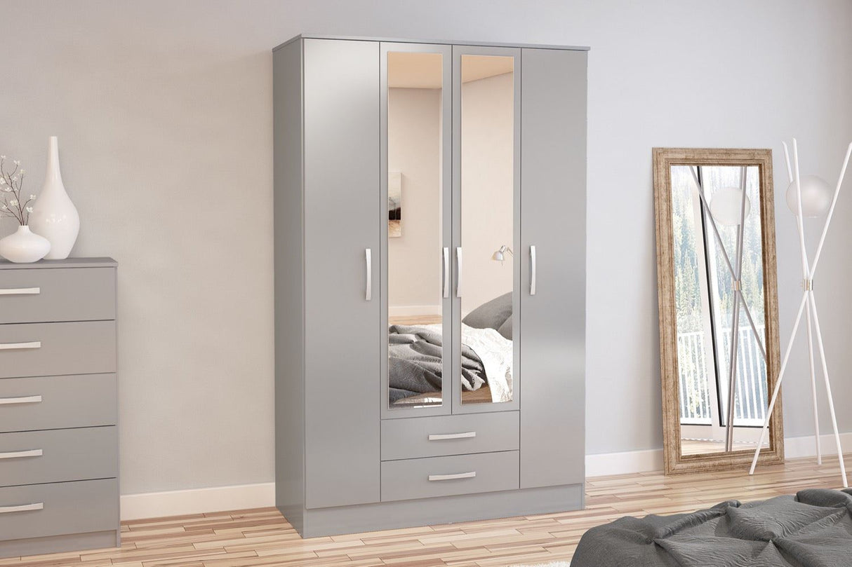 Larz 4 Door 2 Drawer Wardrobe With Mirror-Grey