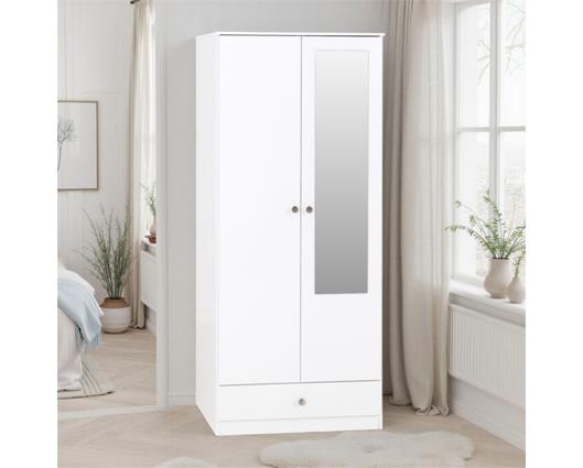 DENVER 2 DOOR 1 DRAWER MIRRORED WARDROBE - WHITE GLOSS