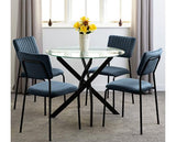 SHELDON ROUND GLASS TOP DINING SET (X4 CHAIRS) - CLEAR GLASS/NAVY BLUE VELVET FABRIC