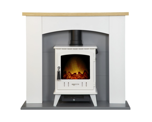 Hugo Fireplace Suite 39inch - White/Grey With Electric Stove - White Enamel