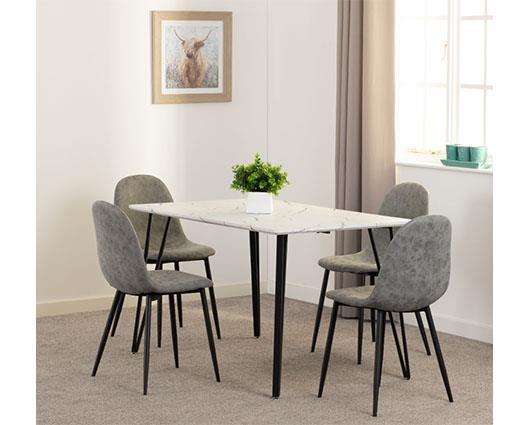 MARLOW & ATHENS DINING SET (X4 CHAIRS) - WHITE MARBLE/GREY FAUX LEATHER