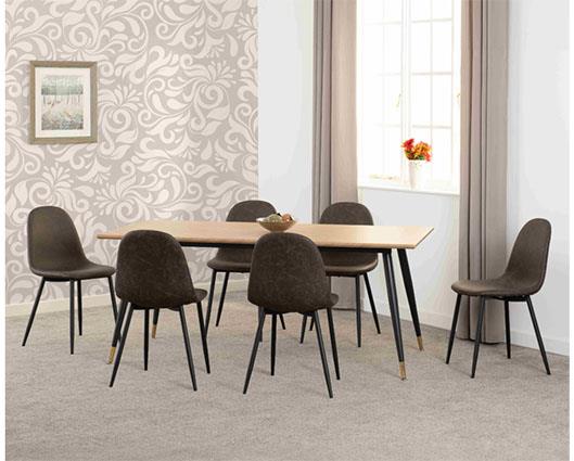 HAMILTON & ATHENS LARGE DINING SET (X6 CHAIRS) - MEDIUM OAK EFFECT/BROWN FAUX LEATHER