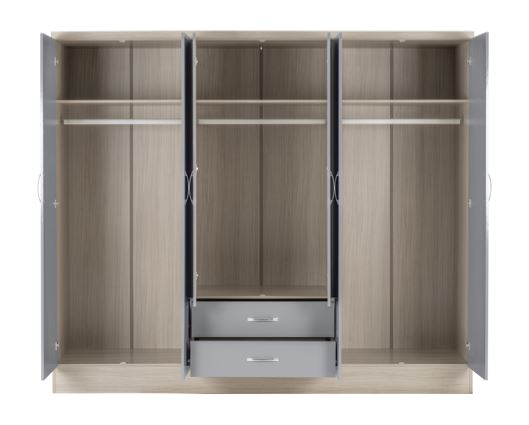 Neptune 6 Door 2 Drawer Mirrored Wardrobe - Grey Gloss/Light Oak Effect Veneer