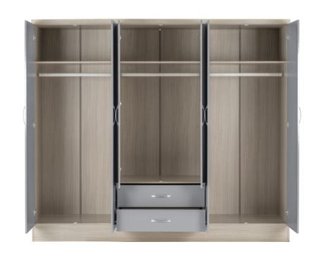 Neptune 6 Door 2 Drawer Mirrored Wardrobe - Grey Gloss/Light Oak Effect Veneer