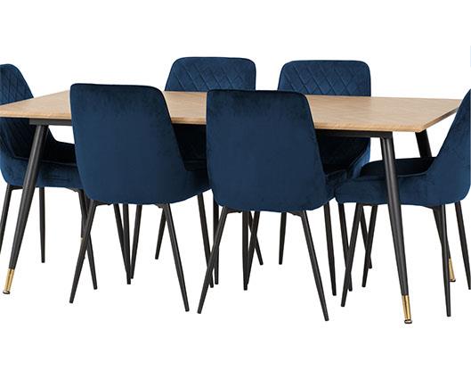 HAMILTON & AVERY LARGE DINING SET (X6 CHAIRS) - MEDIUM OAK EFFECT/SAPPHIRE BLUE VELVET