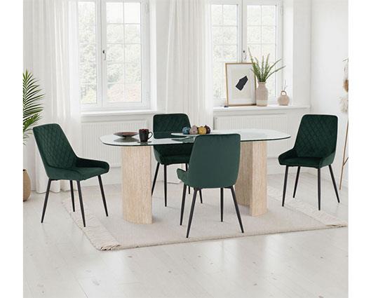 MODENA & AVERY DINING SET (X4 CHAIRS) - CREAM/EMERALD GREEN VELVET
