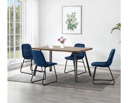 QUEBEC WAVE & LUKAS DINING SET (X4 CHAIRS) - MEDIUM OAK EFFECT/SAPPHIRE BLUE VELVET