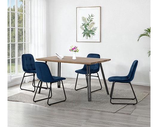 QUEBEC STRAIGHT & LUKAS DINING SET (X4 CHAIRS) - MEDIUM OAK EFFECT/SAPPHIRE BLUE VELVET