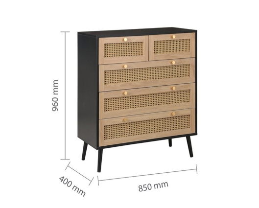 Catalina 5 Drawer Rattan Chest- Black