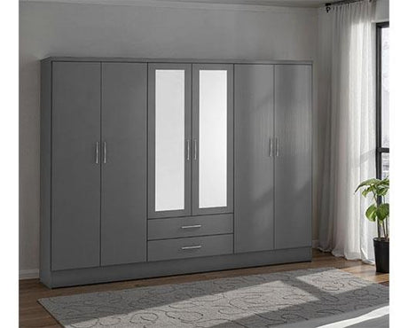 NEVADA 6 DOOR 2 DRAWER WARDROBE - 3D EFFECT GREY