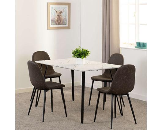 MARLOW & ATHENS DINING SET (X4 CHAIRS) - WHITE MARBLE/BROWN FAUX LEATHER