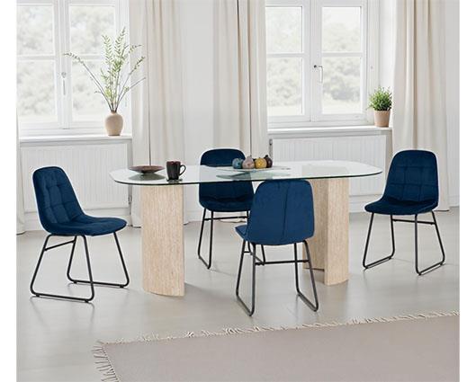 MODENA & LUKAS DINING SET (X4 CHAIRS) - CREAM/SAPPHIRE BLUE VELVET