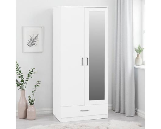 DAKOTA 2 DOOR 1 DRAWER MIRRORED WARDROBE - WHITE