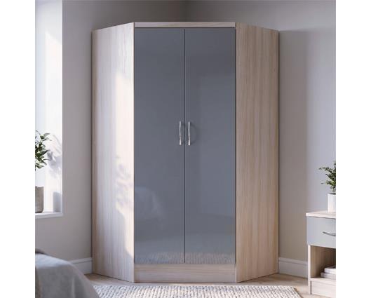 NEVADA 2 DOOR CORNER WARDROBE - GREY GLOSS/LIGHT OAK EFFECT VENEER