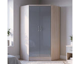 NEVADA 2 DOOR CORNER WARDROBE - GREY GLOSS/LIGHT OAK EFFECT VENEER