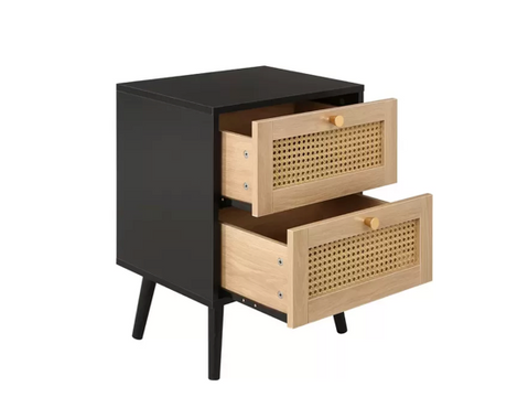 Catalina 2 Drawer Rattan Bedside- Black