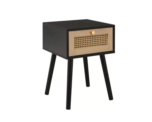 Catalina 1 Drawer Rattan Bedside- Black