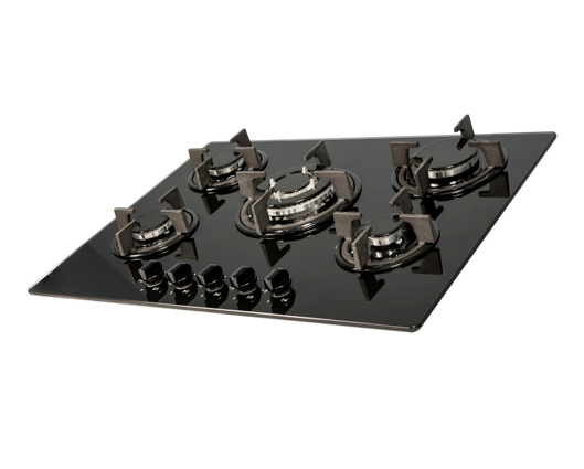 SIA GHG703BL 70cm 5 Burner Gas On Glass Hob With Cast Iron Pan Stands Black 