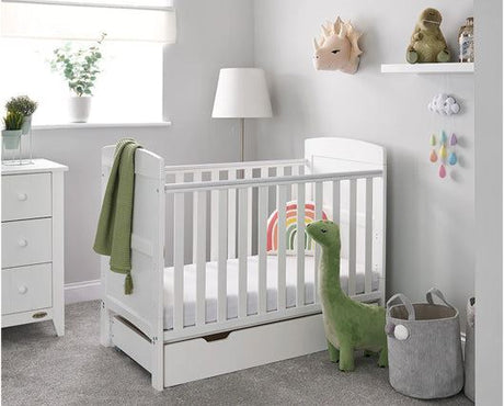 Grace Mini Cot Bed, Under Drawer + Fibre Mattress - White