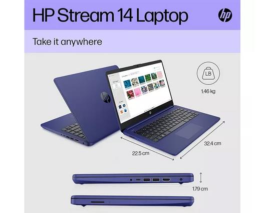 HP Stream 14" Intel Laptop 128GB Blue with HP DeskJet Wireless Printer & Protective Case