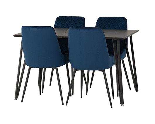 MARLOW & AVERY DINING SET (X4 CHAIRS) - BLACK MARBLE/SAPPHIRE BLUE VELVET
