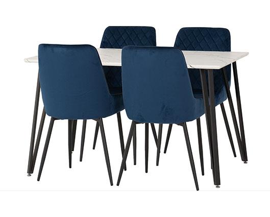 MARLOW & AVERY DINING SET (X4 CHAIRS) - WHITE MARBLE/SAPPHIRE BLUE VELVET