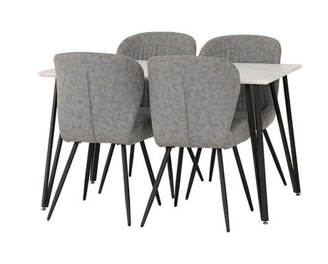 MARLOW & QUEBEC DINING SET (X4 CHAIRS) - WHITE MARBLE/GREY FAUX LEATHER