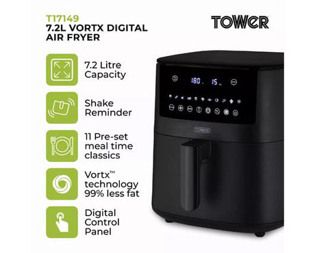 Vortx 7.2L Digital Air Fryer 1650W and Tower Single Basket Air Fryer Cookbook