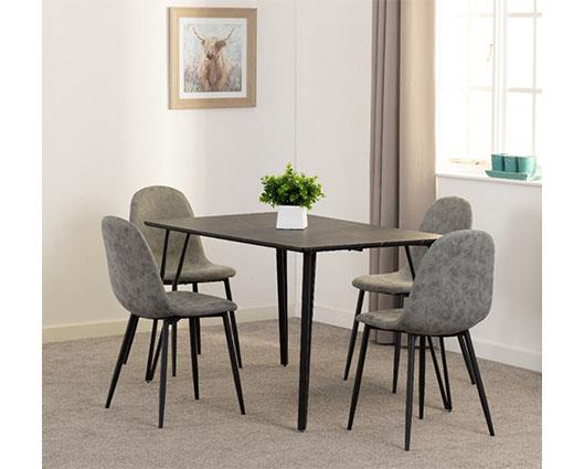 MARLOW & ATHENS DINING SET (X4 CHAIRS) - BLACK MARBLE/GREY FAUX LEATHER