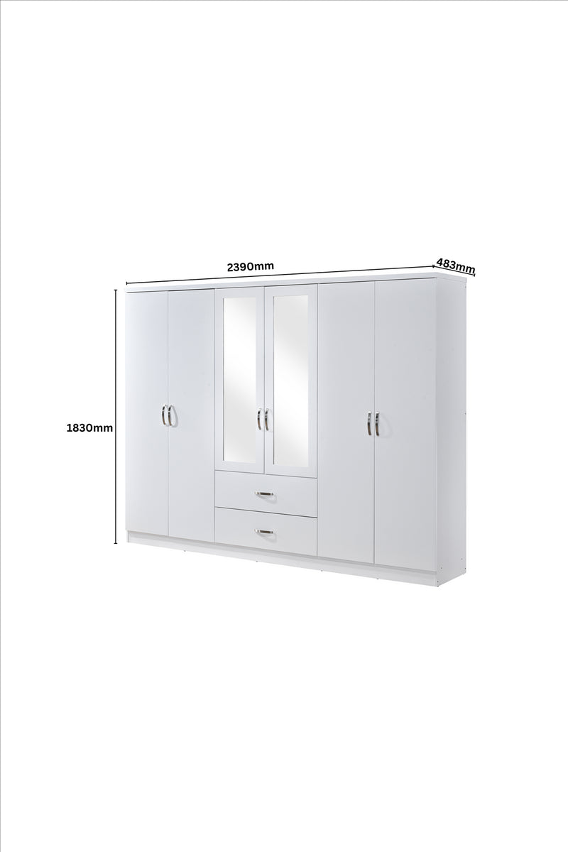 6 Door Wardrobe - White (Chrome Handles)