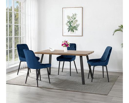 QUEBEC WAVE & AVERY DINING SET (X4 CHAIRS) - MEDIUM OAK EFFECT/SAPPHIRE BLUE VELVET