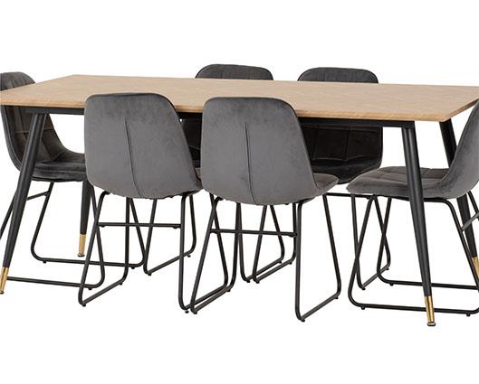 HAMILTON & LUKAS LARGE DINING SET (X6 CHAIRS) - MEDIUM OAK EFFECT/GREY VELVET