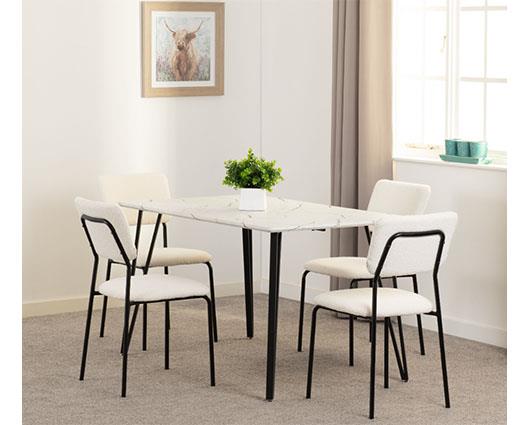 MARLOW & SHELDON DINING SET (X4 CHAIRS) - WHITE MARBLE/IVORY BOUCLE FABRIC