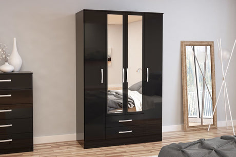Larz 4 Door 2 Drawer Wardrobe With Mirror-Black