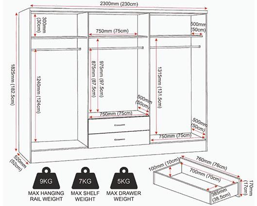 NEVADA 6 DOOR 2 DRAWER WARDROBE - 3D EFFECT GREY