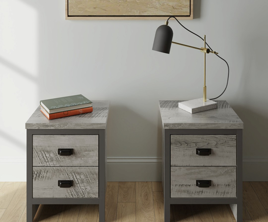 Baxter 2 Drawer Bedside Table (Pair)- Grey