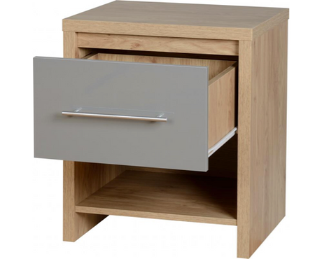 Santos 1 Drawer Bedside Cabinet - Grey High Gloss/Light Oak Effect Veneer