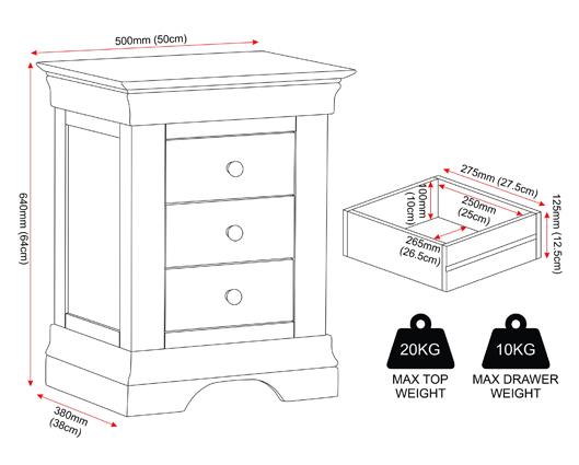 BORDEAUX 3 DRAWER BEDSIDE - PEBBLE GREY
